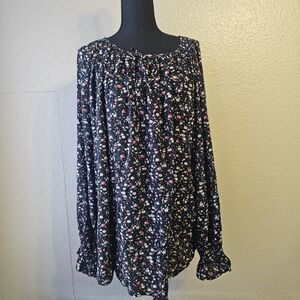 Chaps Women’s 2X Floral Peasant Blouse Black Long Sleeve Boho Lightweight EE734